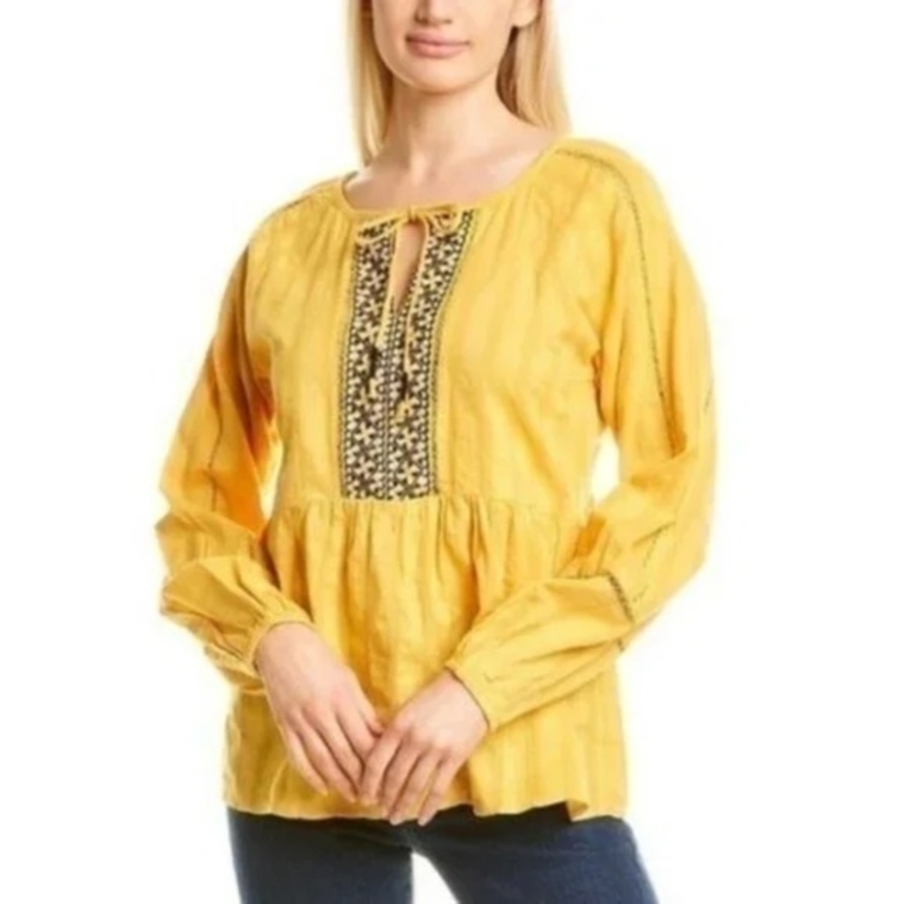 Chelsea and‎ Theodore Blouse Top Yellow Boho Embroidered Long Sleeve Size M